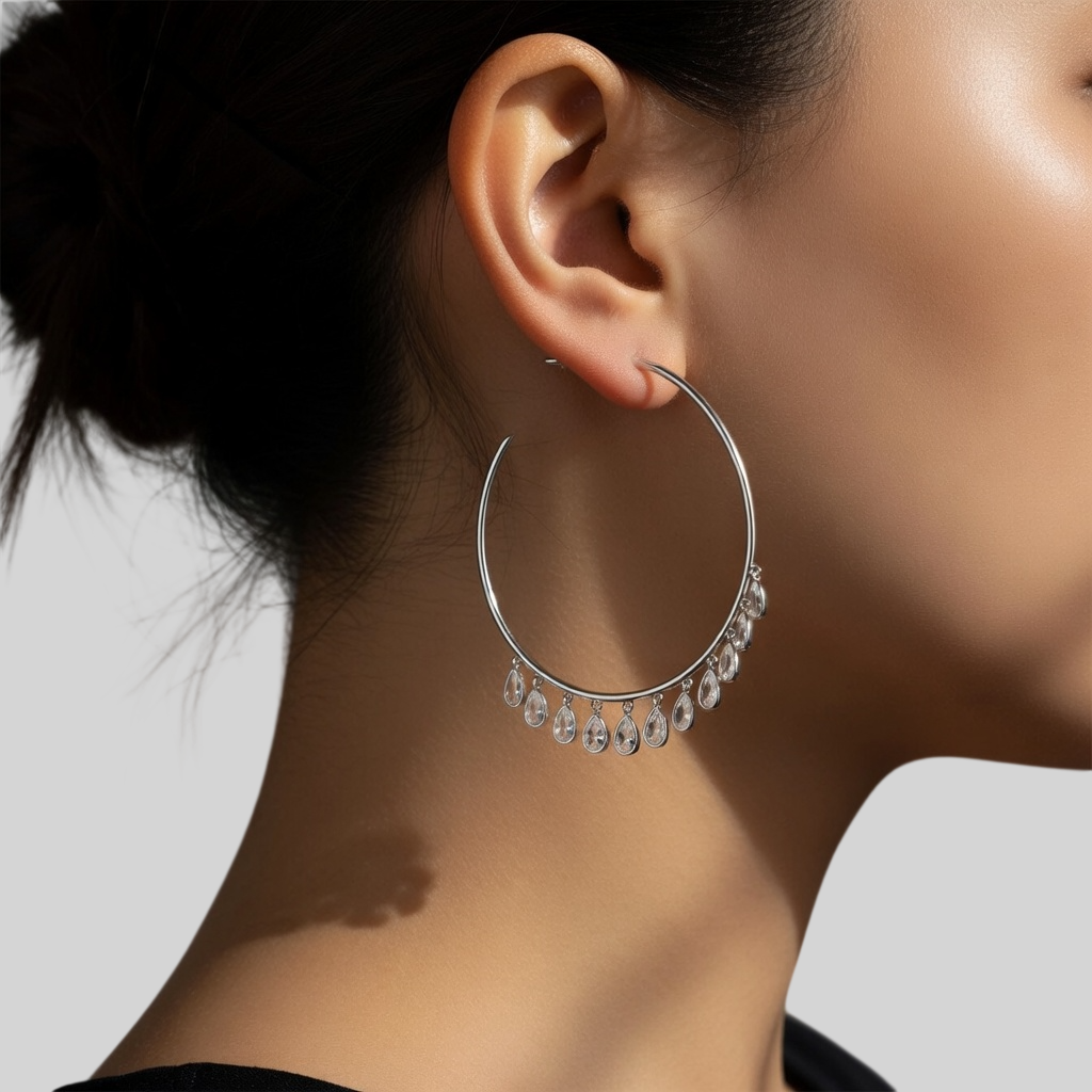 925 Sterling Silber Große Creolen 50mm mit Tropfen Zirkonia – Dünn, Elegant & Modern – Vergoldet oder Platinbeschichtet