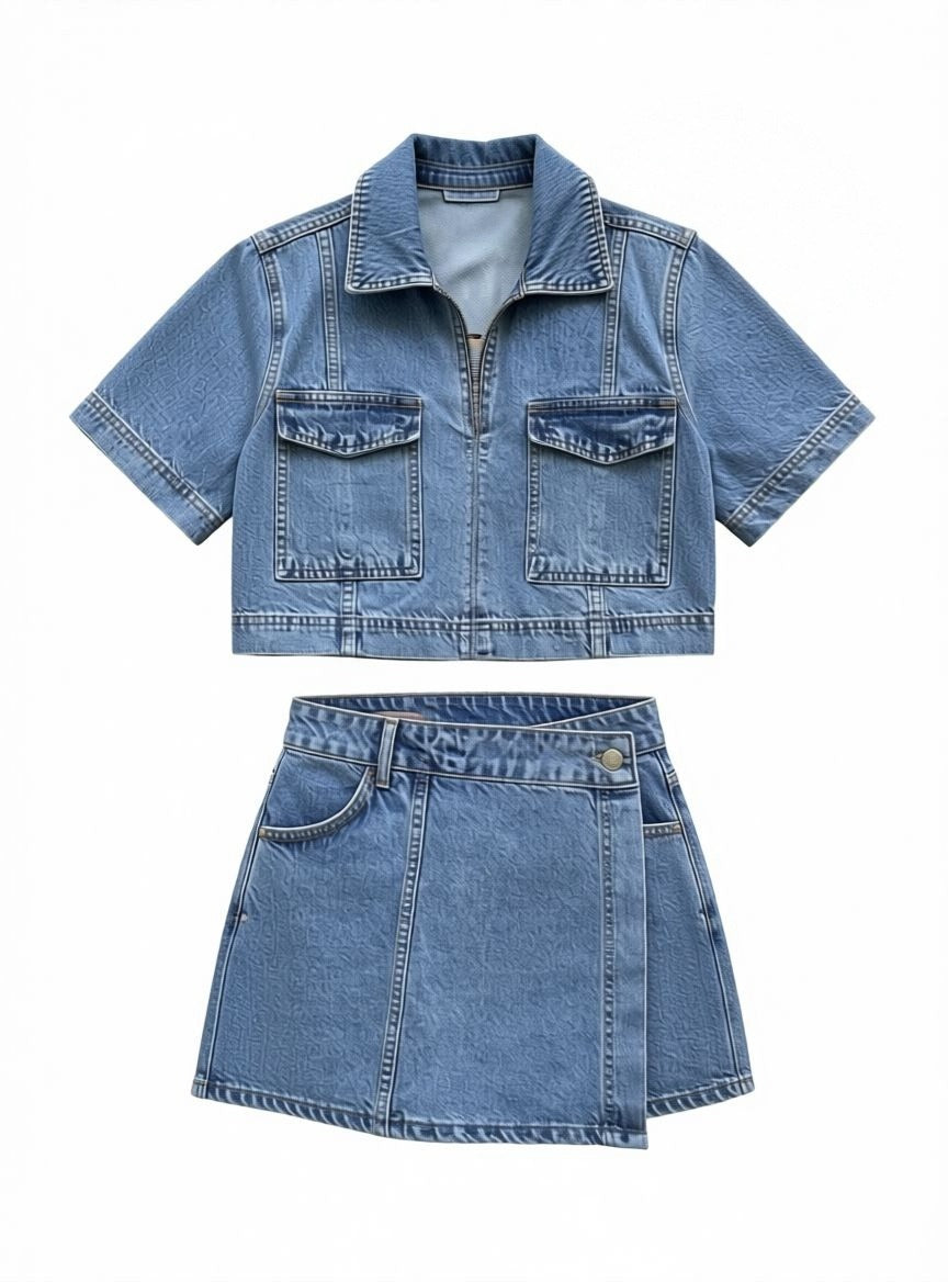 Modernes Damen Denim-Set mit Cropped Top und Shorts