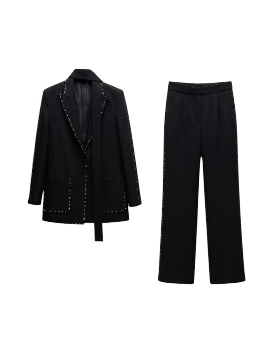 Neuestes Damen-Anzugset 2026 – Blazer mit Perlendetail & Hose, Gürtel, 2-teilig