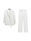 Neuestes Damen-Anzugset 2026 – Blazer mit Perlendetail & Hose, Gürtel, 2-teilig