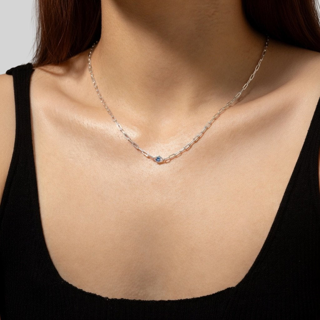 Elegante Damen Halskette aus 925 Sterling Silber – Vergoldet oder Platinbeschichtet mit Blauem Zirkonia Auge, Luxuriöser Schmuck