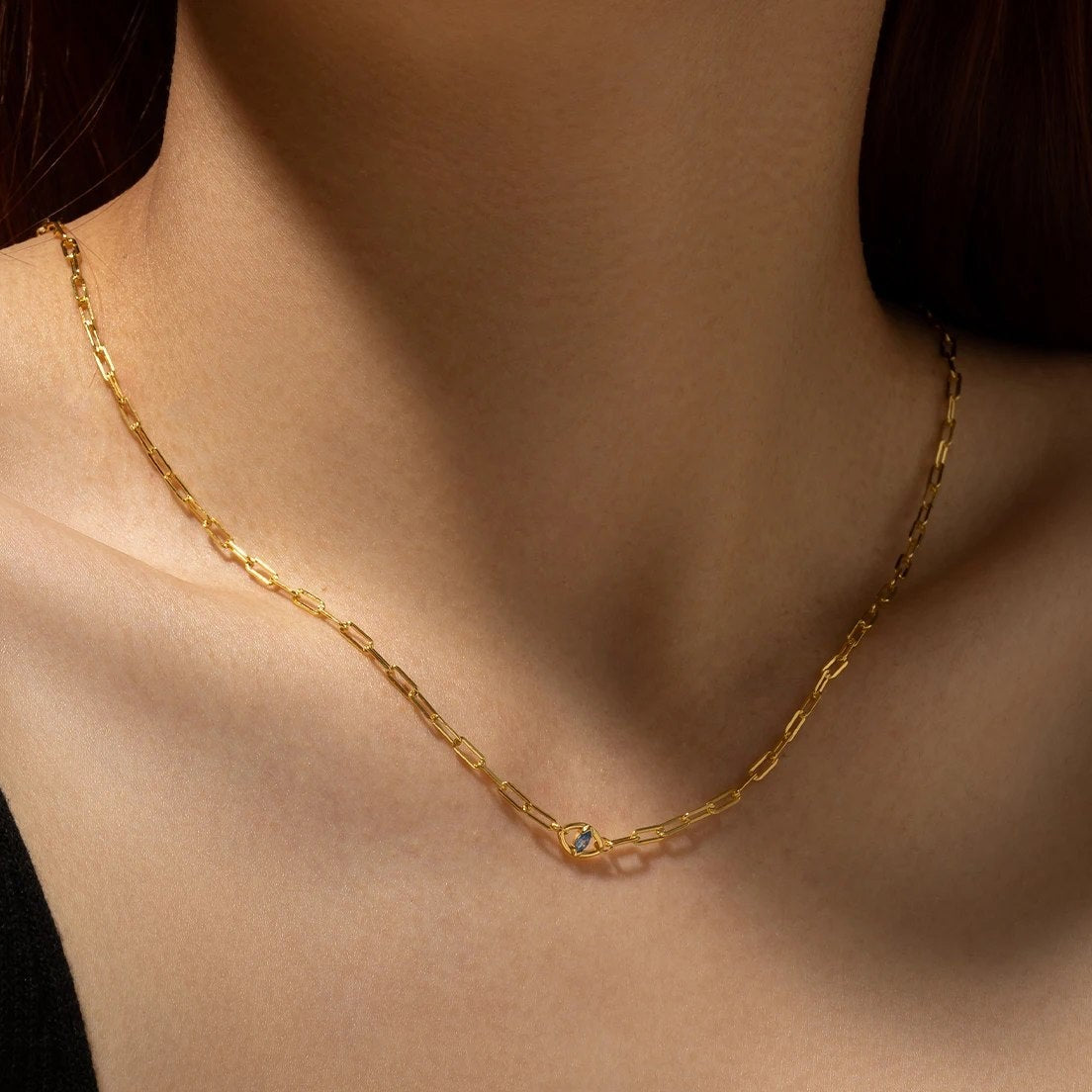 Elegante Damen Halskette aus 925 Sterling Silber – Vergoldet oder Platinbeschichtet mit Blauem Zirkonia Auge, Luxuriöser Schmuck