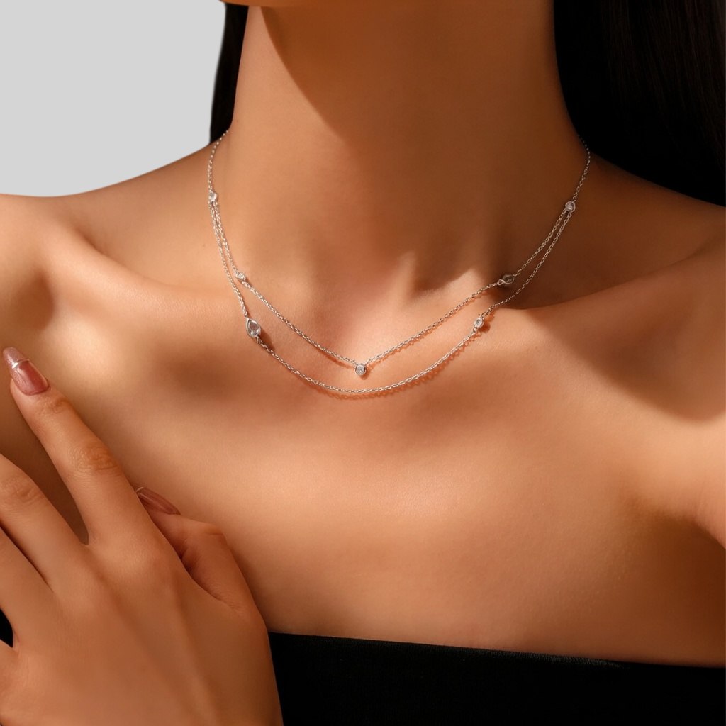 Luxuriöse 925 Sterling Silber Doppelketten Halskette, vergoldet oder platinbeschichtet, mit tropfenförmigem blauem Zirkonia – Zart, stilvoll & elegant