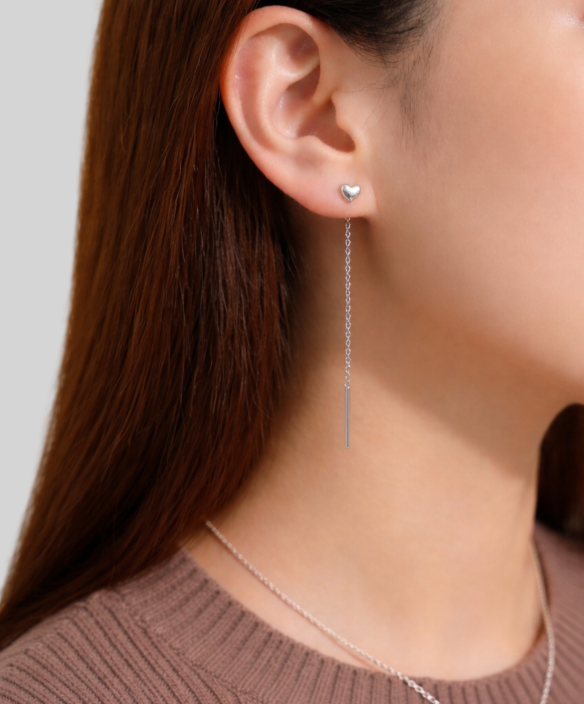 925 Sterling Silber Herz Ohrhänger mit Langer Kette – Zart, Minimalistisch & Elegant – Vergoldet oder Platinbeschichtet