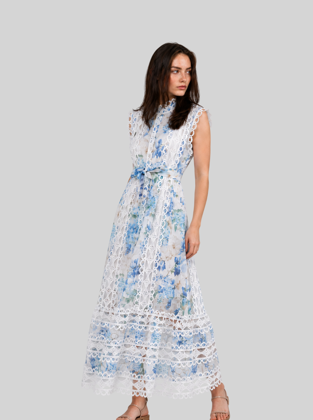 Damen Sommerkleid – Ärmellos, Stehkragen, Tailliert mit Spitzen-Einsätzen und Schnürung