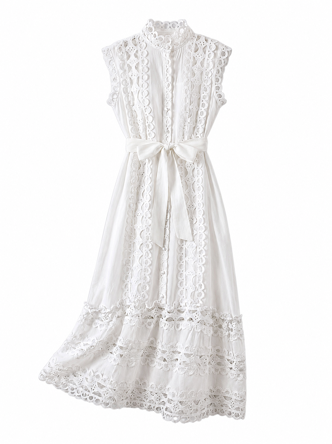 Damen Sommerkleid – Ärmellos, Stehkragen, Tailliert mit Spitzen-Einsätzen und Schnürung