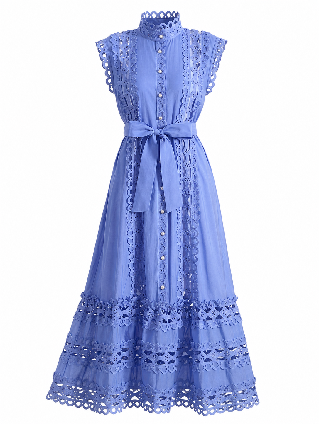 Damen Sommerkleid – Ärmellos, Stehkragen, Tailliert mit Spitzen-Einsätzen und Schnürung