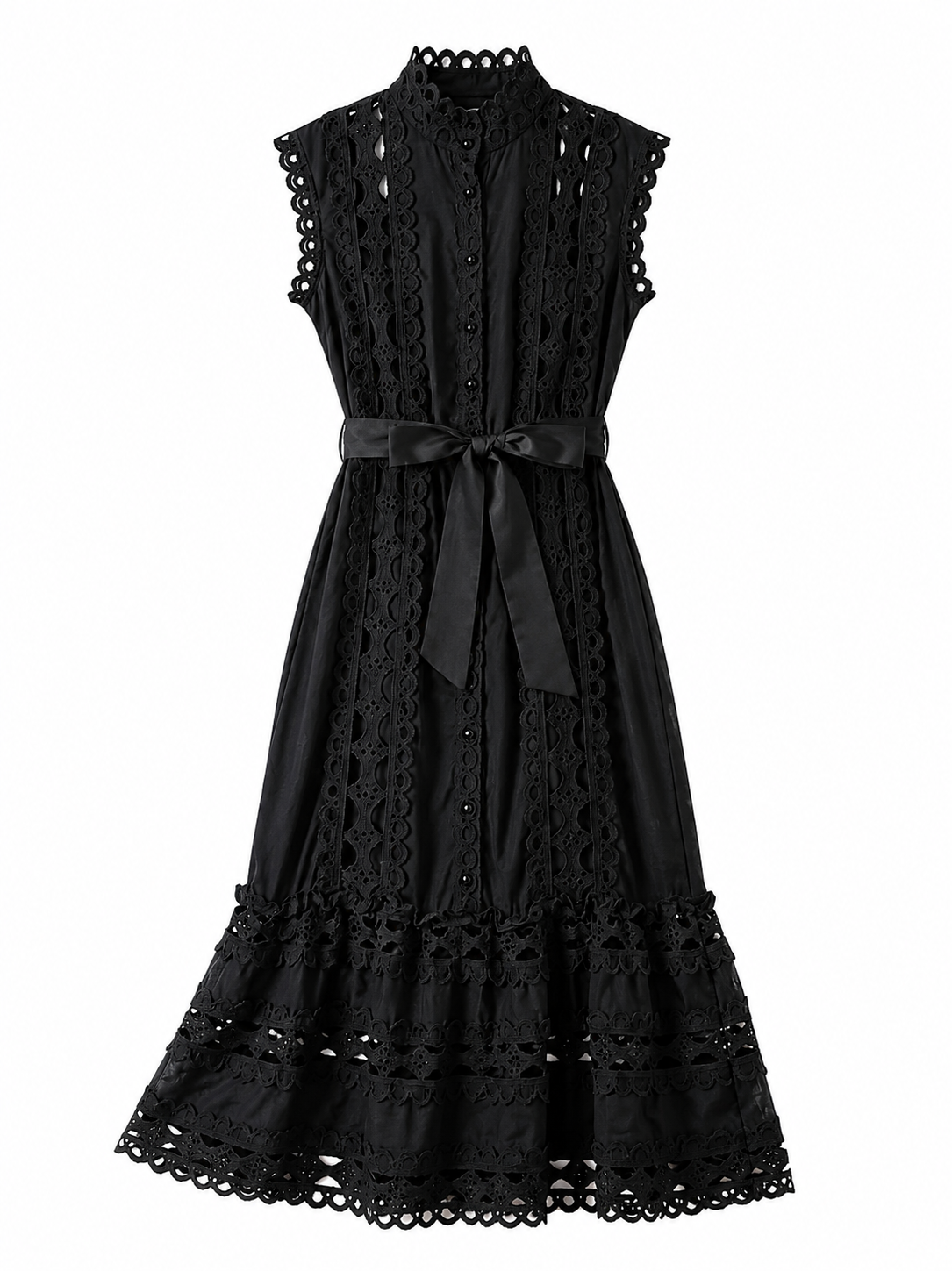 Damen Sommerkleid – Ärmellos, Stehkragen, Tailliert mit Spitzen-Einsätzen und Schnürung
