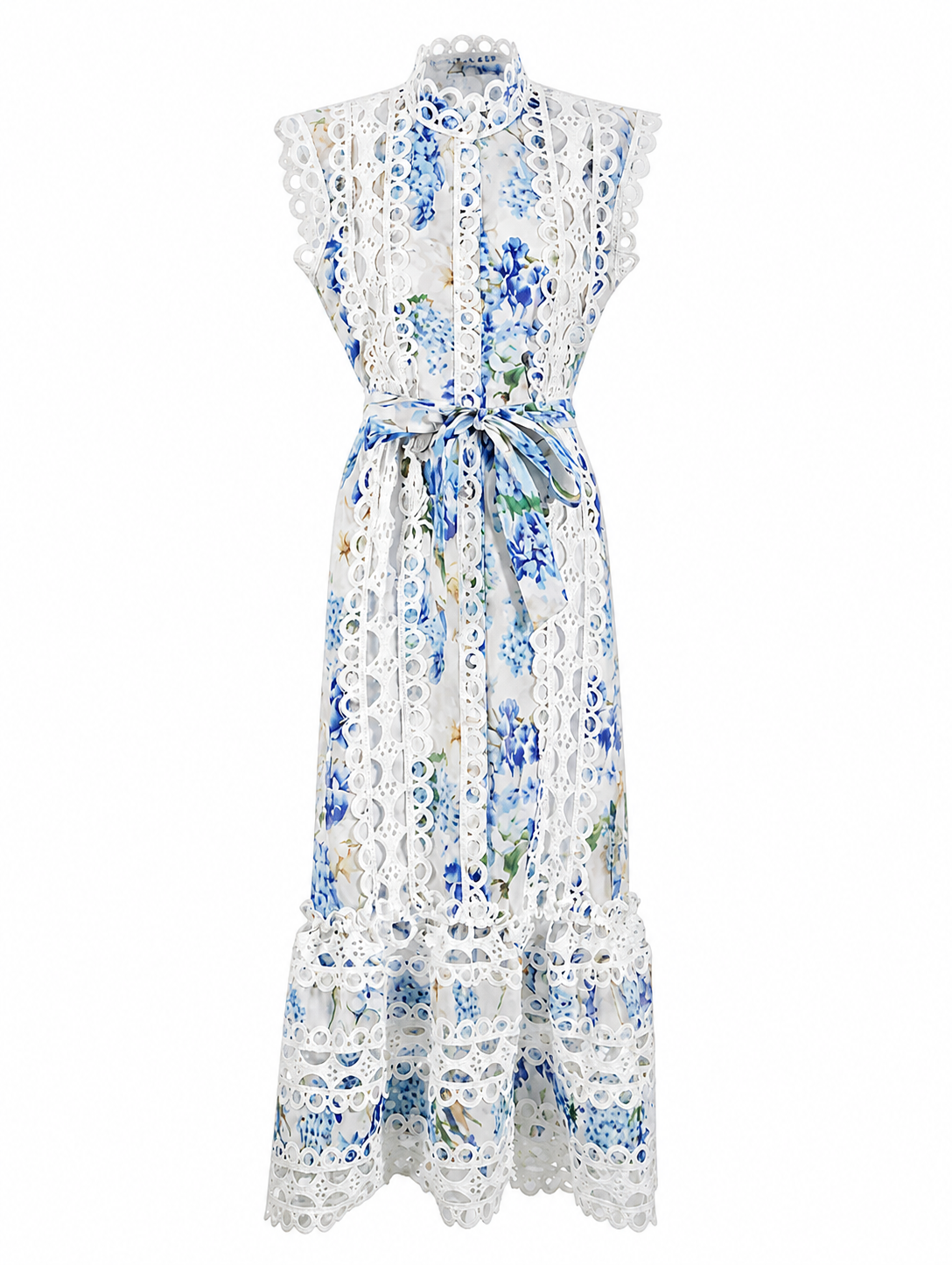 Damen Sommerkleid – Ärmellos, Stehkragen, Tailliert mit Spitzen-Einsätzen und Schnürung