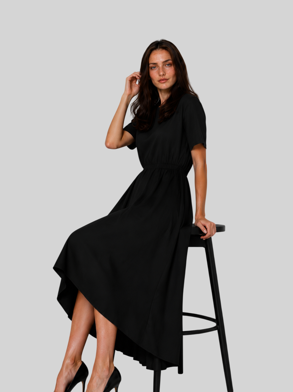Damen Maxikleid – Lockeres Kleid mit Rundhals, Kurzarm und hoher Taille