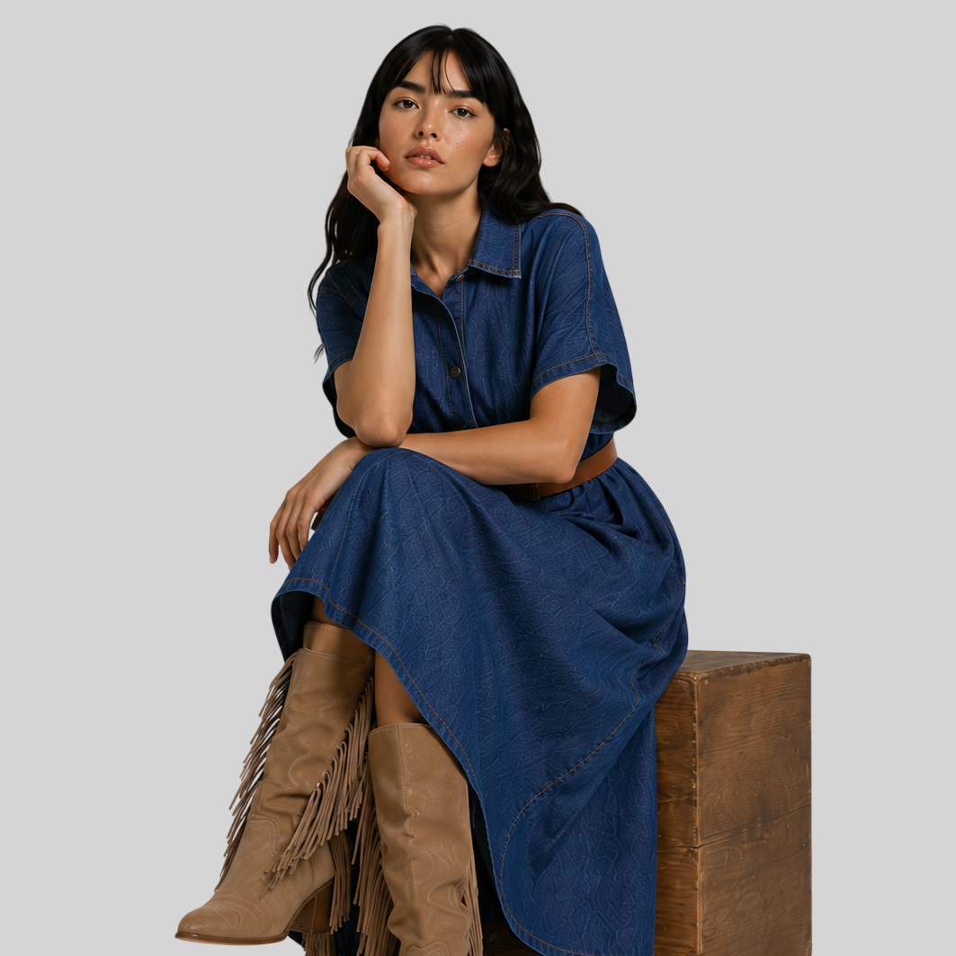 Drapiertes Damen-Jeanskleid – Midikleid mit Gürtel und Knopfleiste