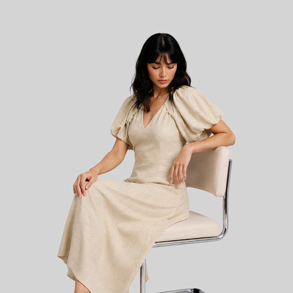 Elegantes Damenkleid mit V-Ausschnitt – luftiges Maxikleid mit Puffärmeln