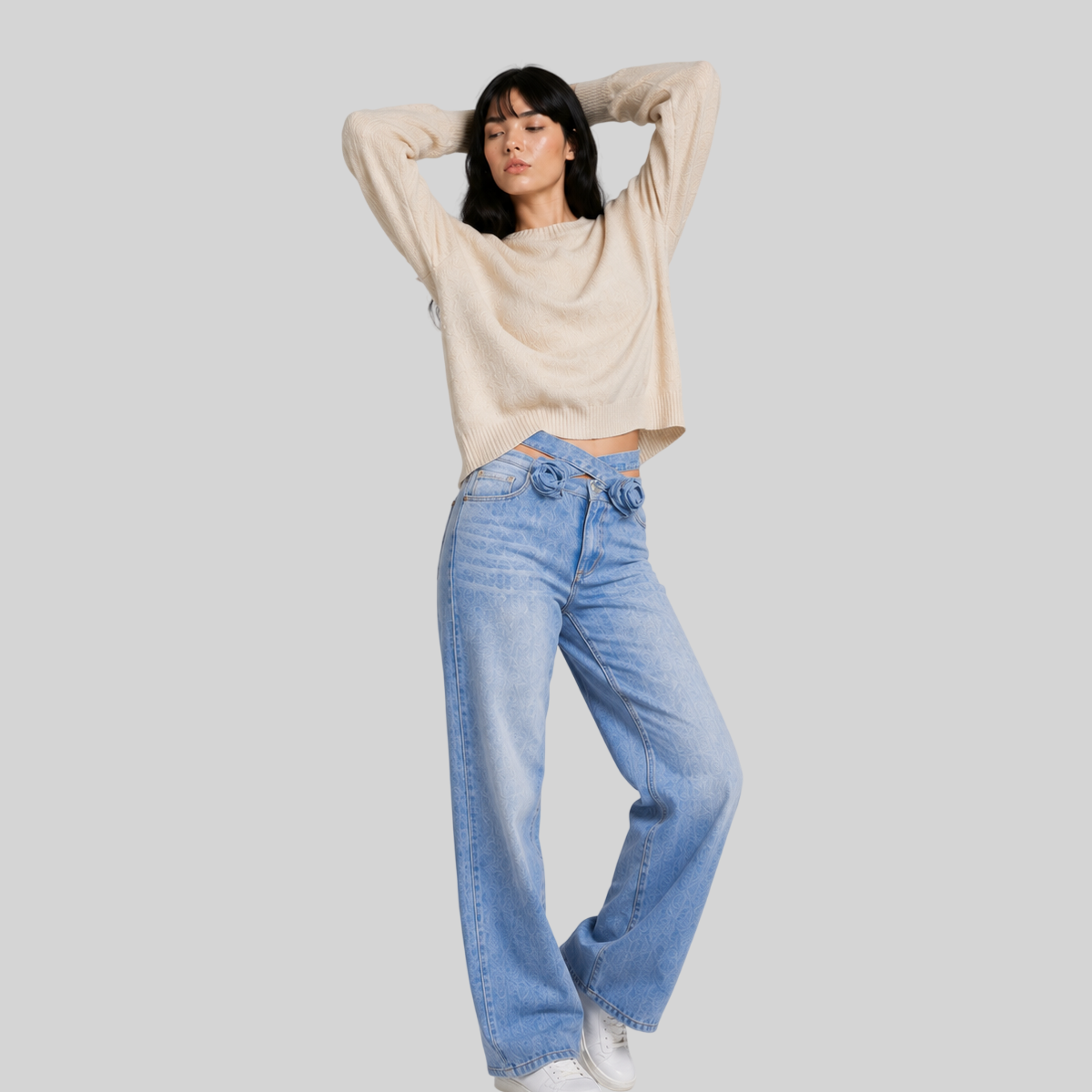 Damen High Waist Patchwork Jeans – Weite Denim Hose mit Cut-Out & Taschen