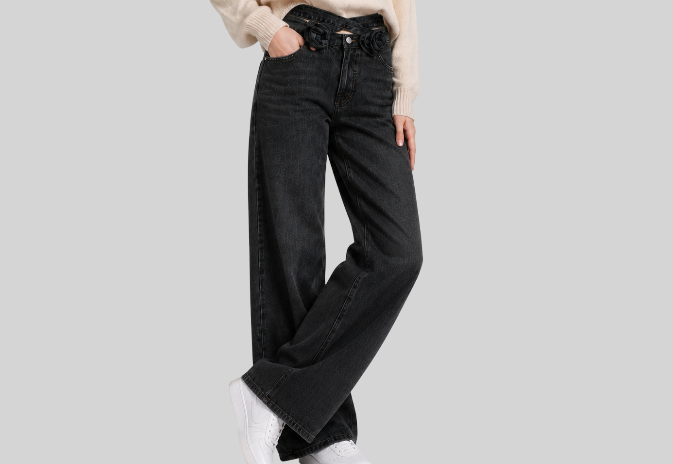 Damen High Waist Patchwork Jeans – Weite Denim Hose mit Cut-Out & Taschen