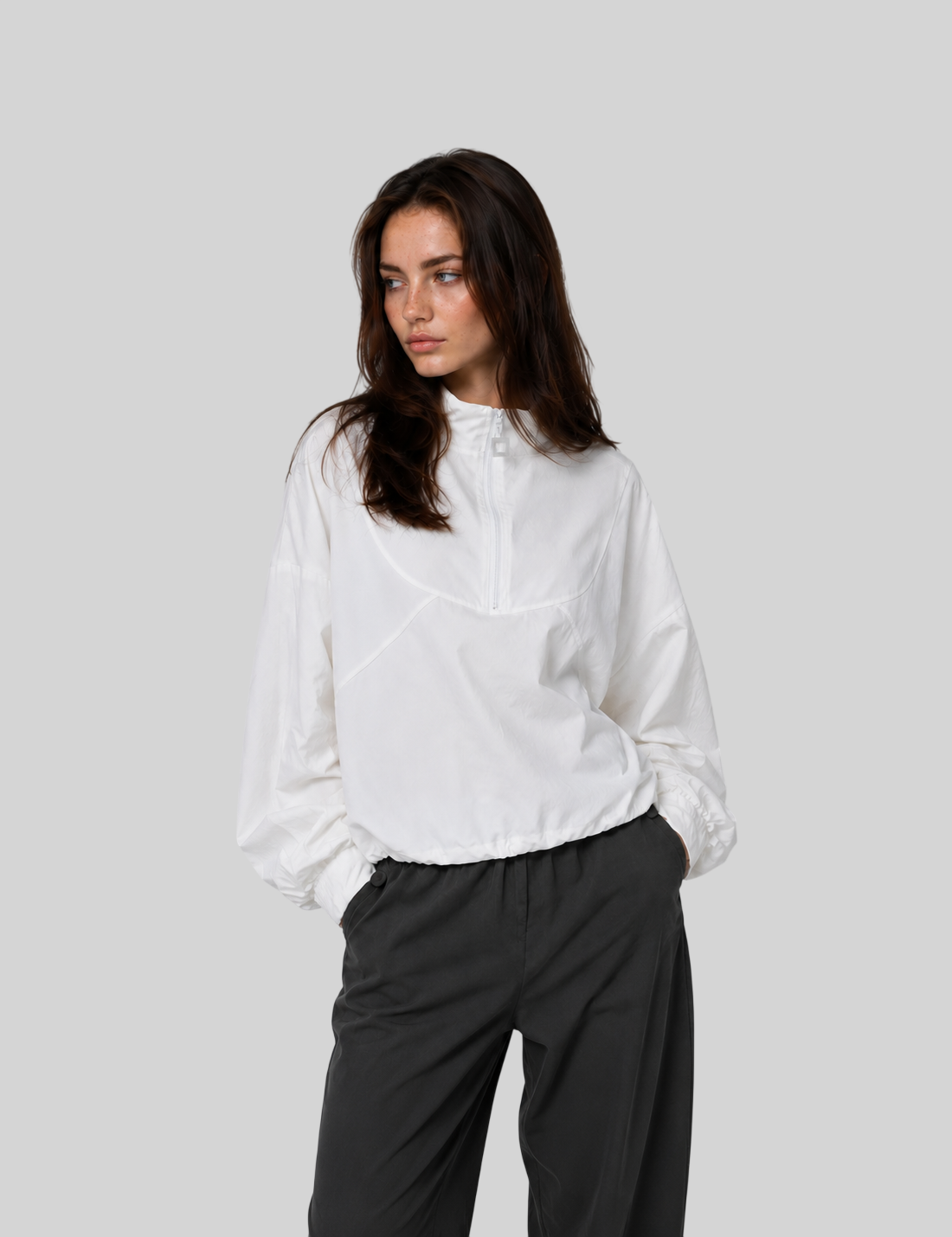 Modernes Damen Langarmshirt – Stehkragen Top mit Reißverschluss