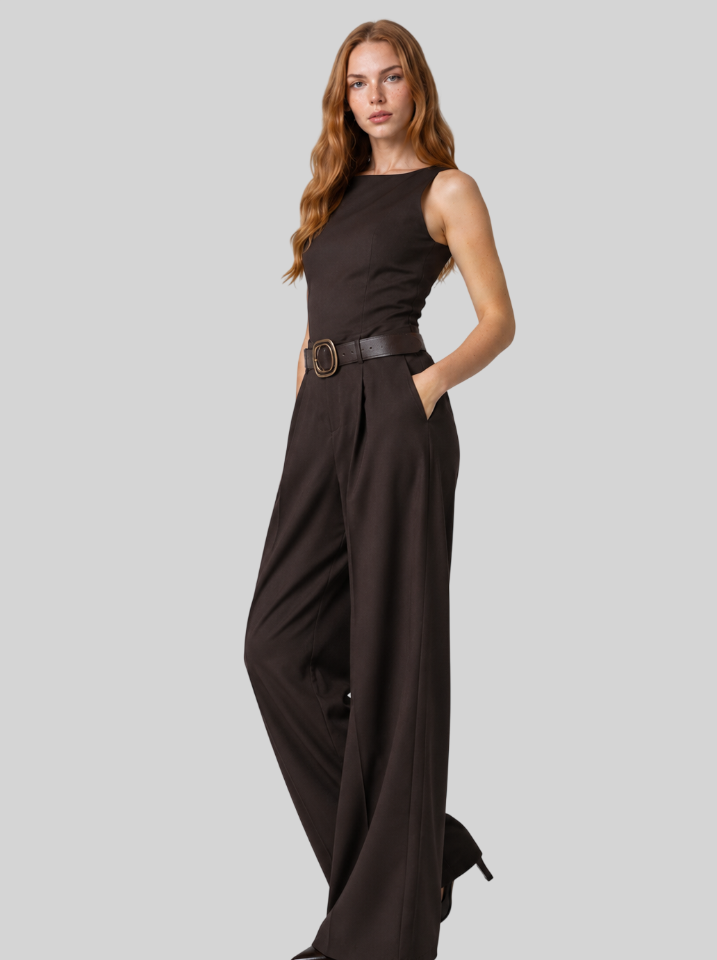 Elegante Damenhose in Schokoladenbraun – High-Waist-Hose mit weitem Bein und Gürtel