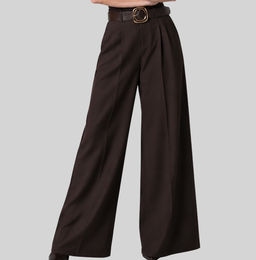 Elegante Damenhose in Schokoladenbraun – High-Waist-Hose mit weitem Bein und Gürtel