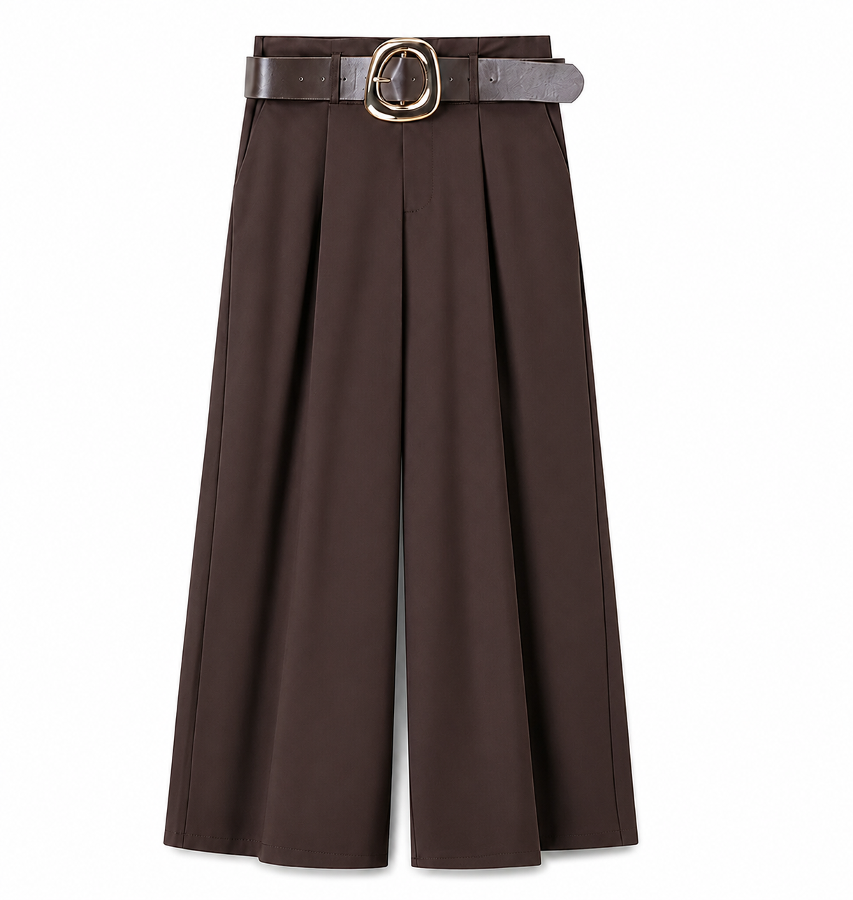 Elegante Damenhose in Schokoladenbraun – High-Waist-Hose mit weitem Bein und Gürtel