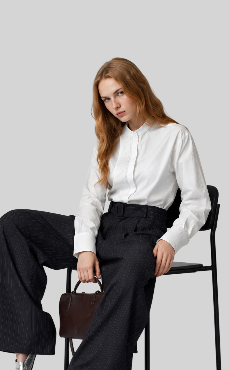 Schwarze Damen Streifenhose – Plissee High-Waist mit Wide Leg