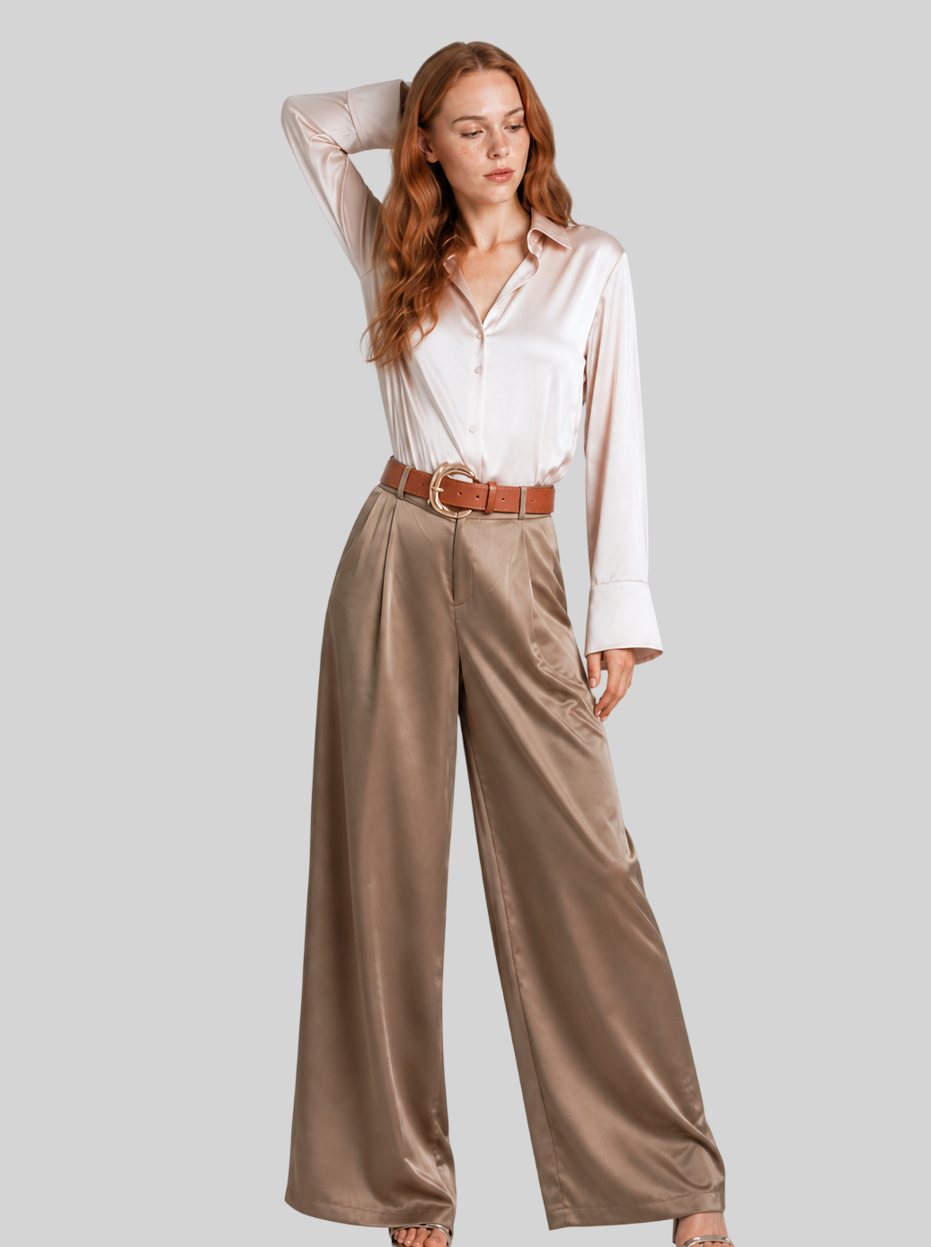 Damen Satin Wide Leg Hose – Elegante High Waist Stoffhose