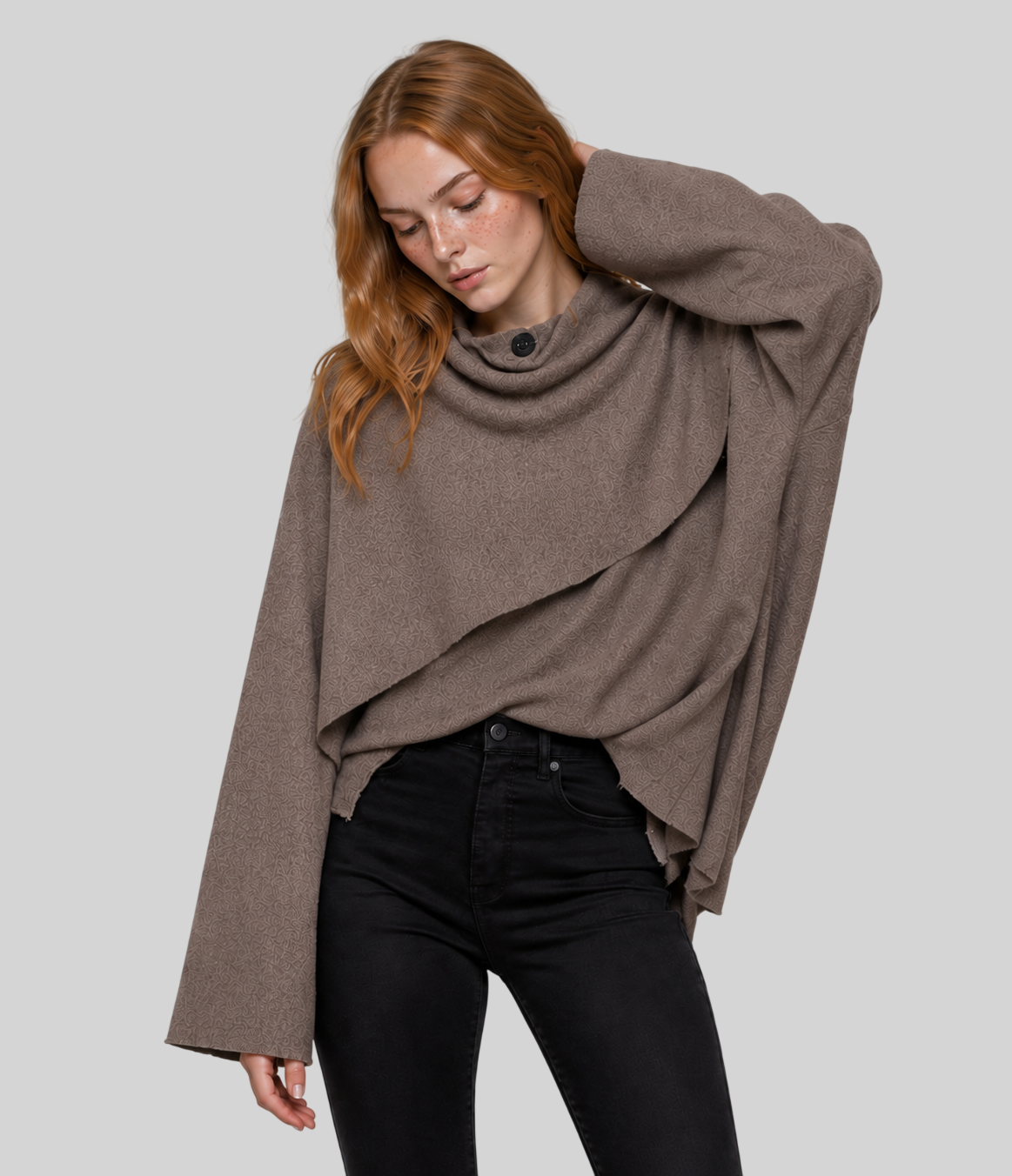 Eleganter Damen Cape Mantel – Strick Poncho mit Schal-Kragen