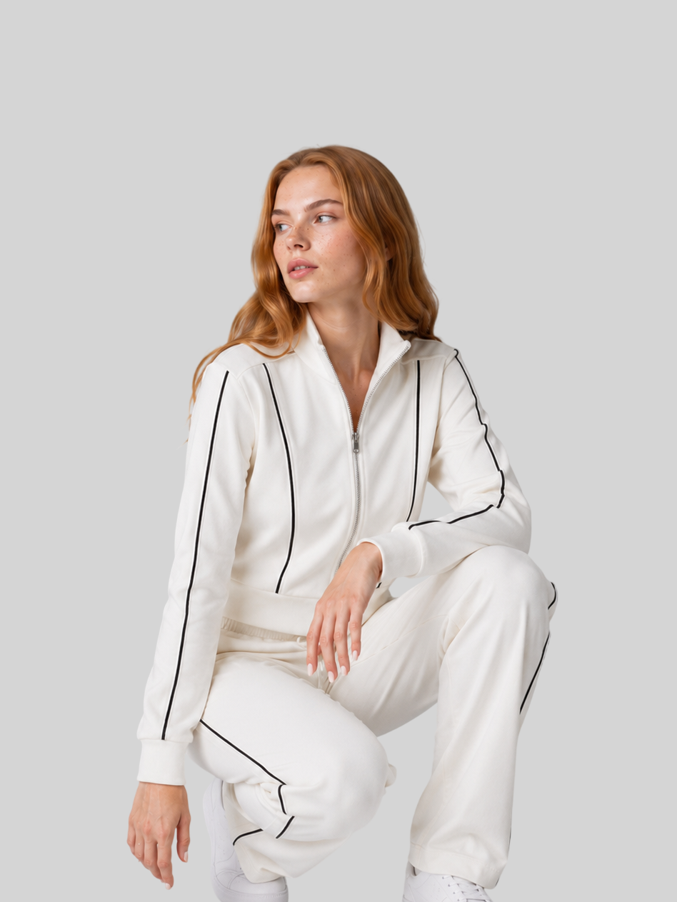 Modisches Damen Freizeit Set – Colorblock Jacke mit Stehkragen und Hose
