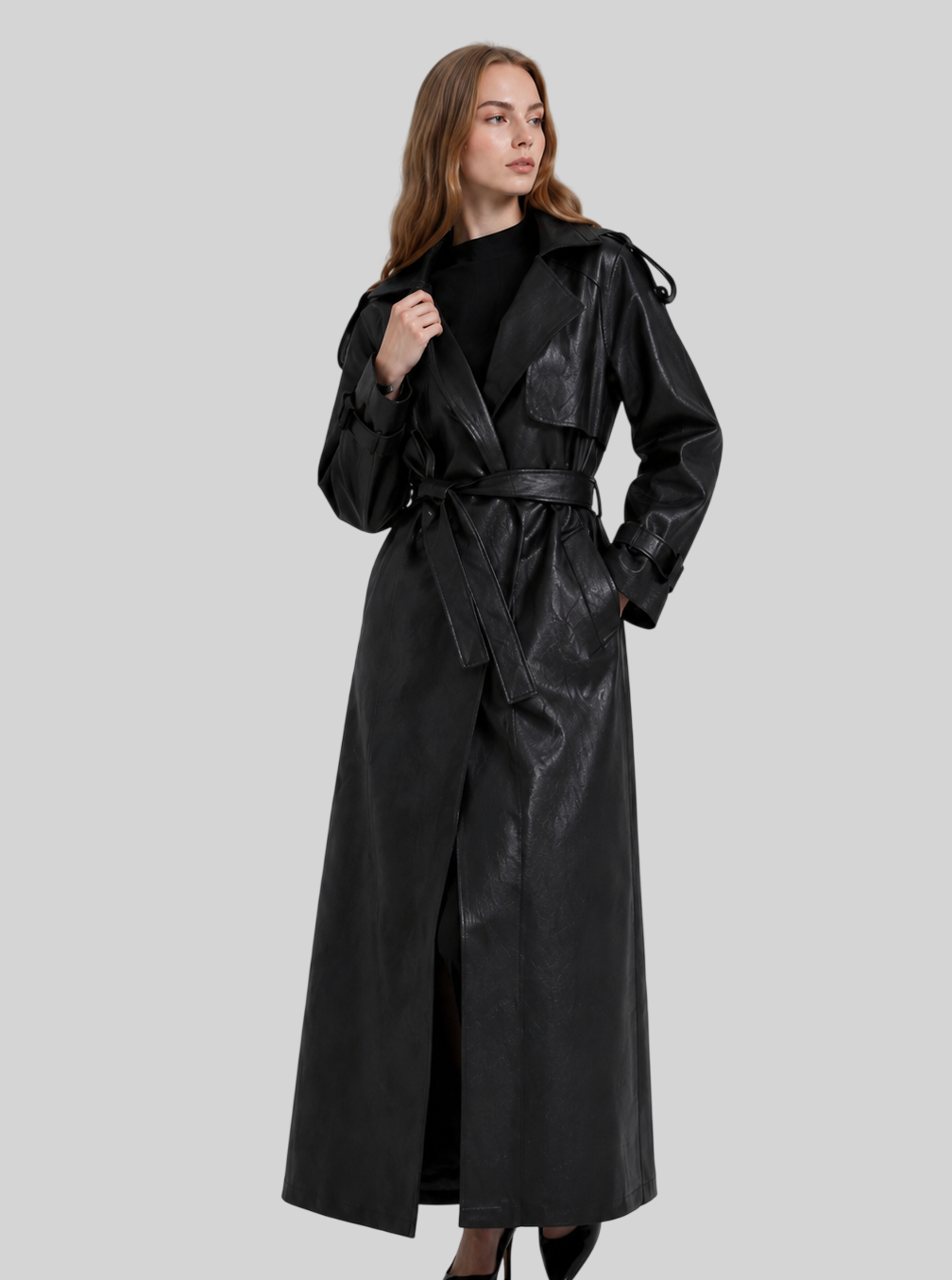 Eleganter Extra-Langer Damen Trenchcoat in Lederoptik