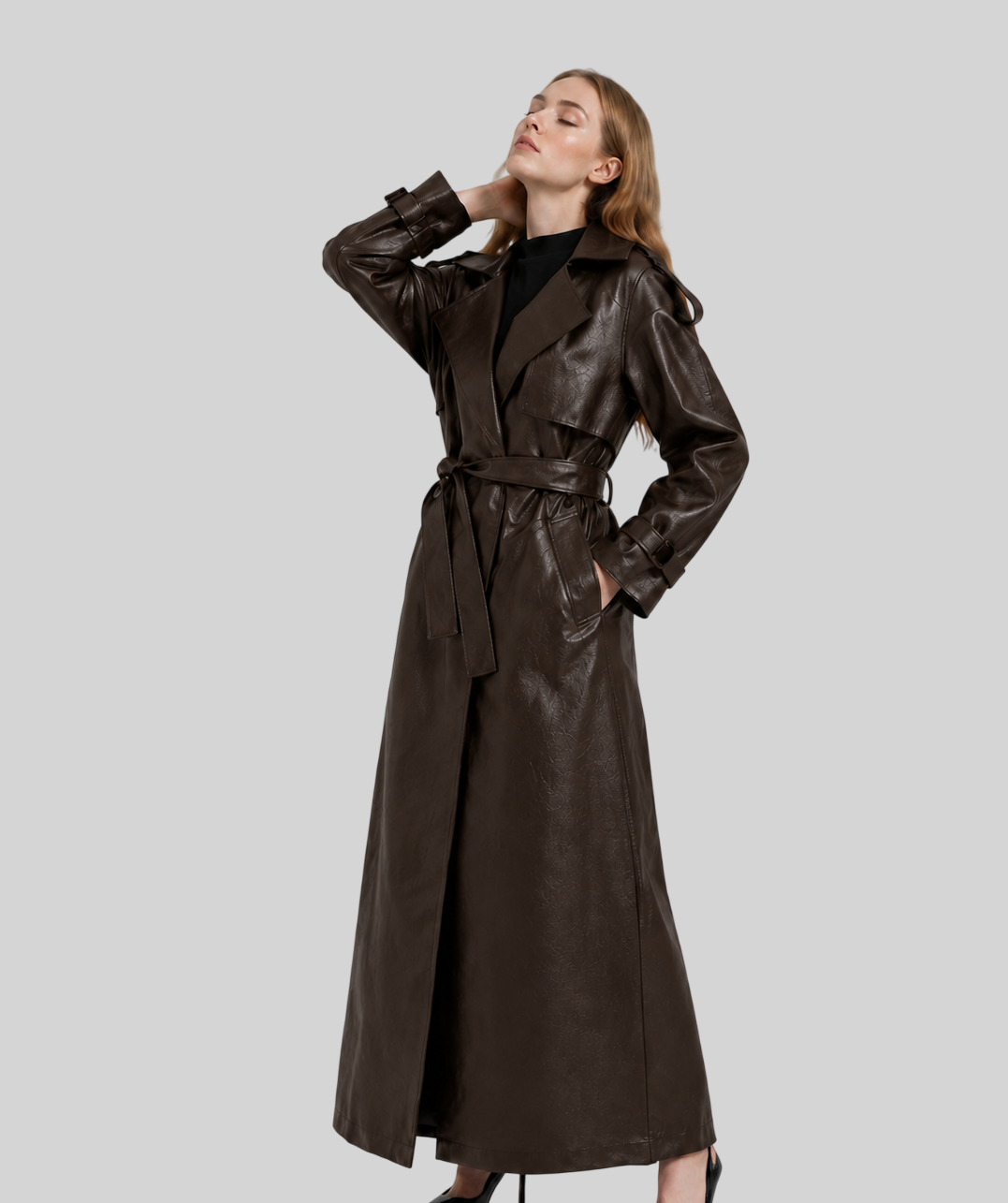 Eleganter Extra-Langer Damen Trenchcoat in Lederoptik
