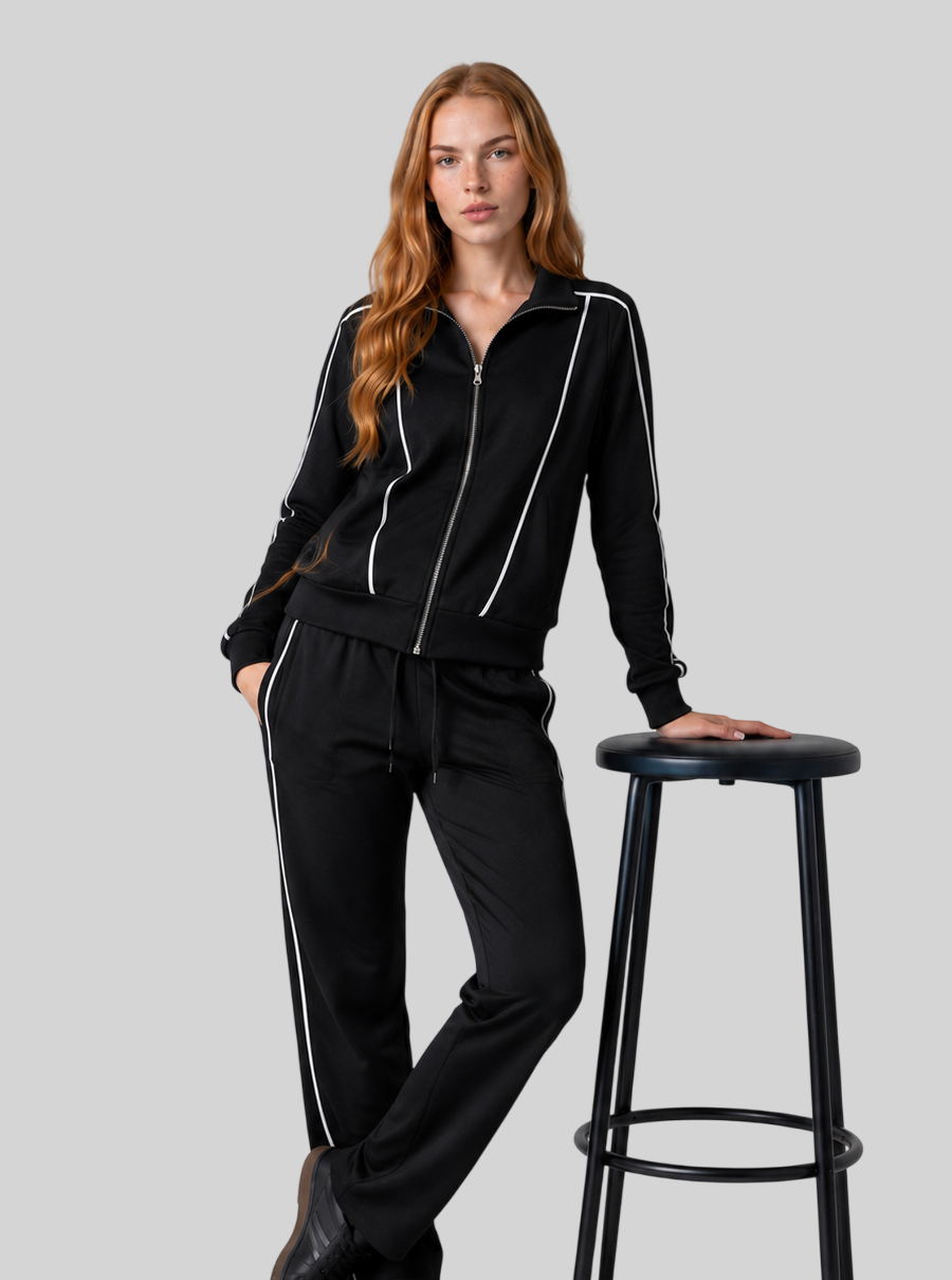 Modisches Damen Freizeit Set – Colorblock Jacke mit Stehkragen und Hose
