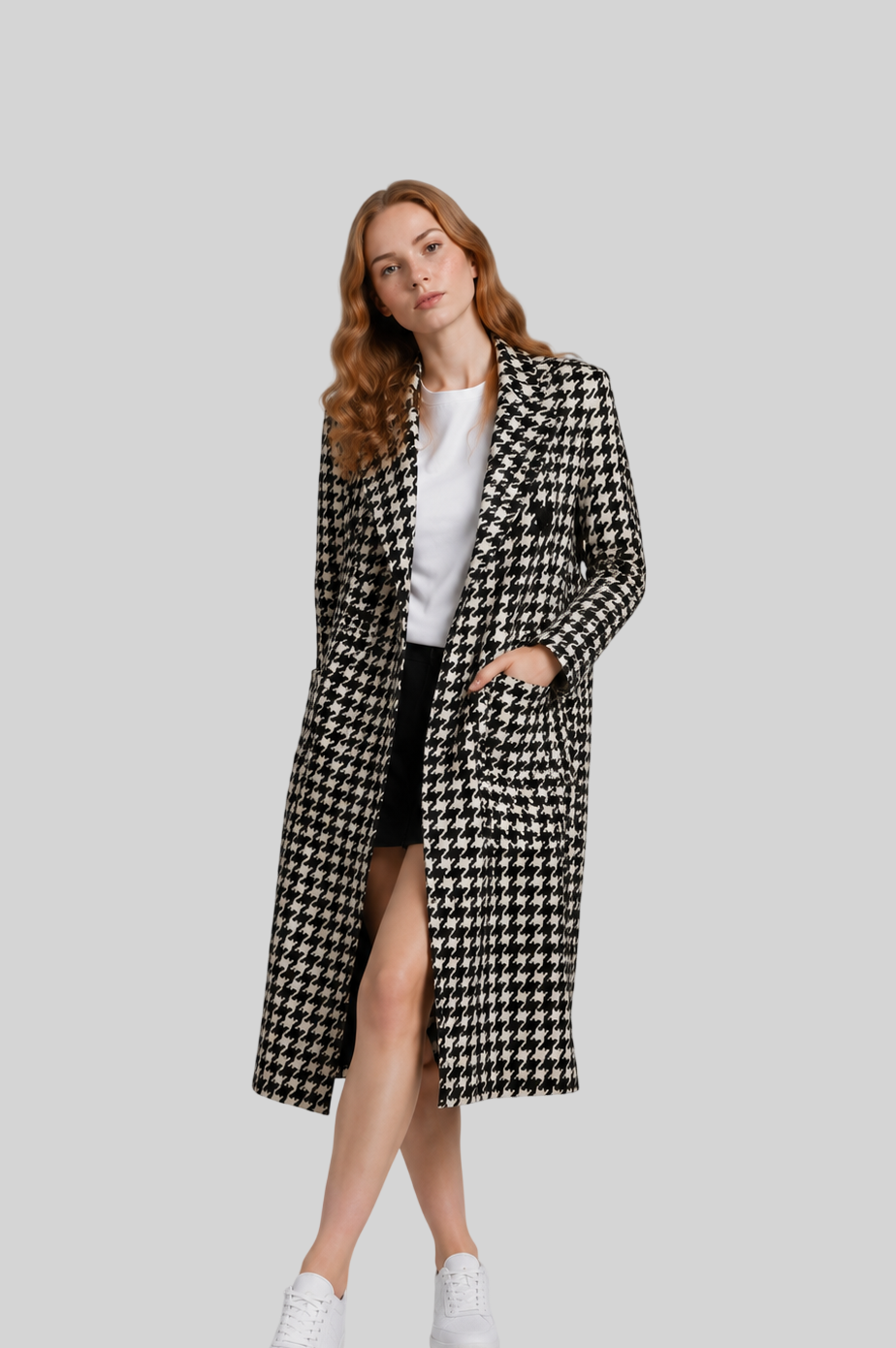 Eleganter Damen Wollmantel – Doppelreihig & Hahnentritt