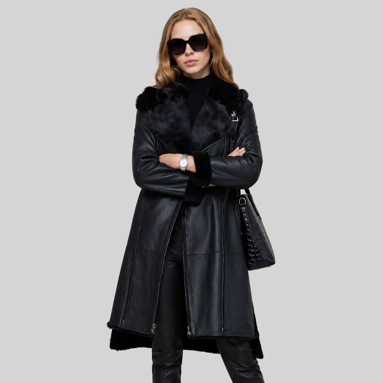 Haute Couture Damenjacke – Kunstleder mit integriertem Pelz