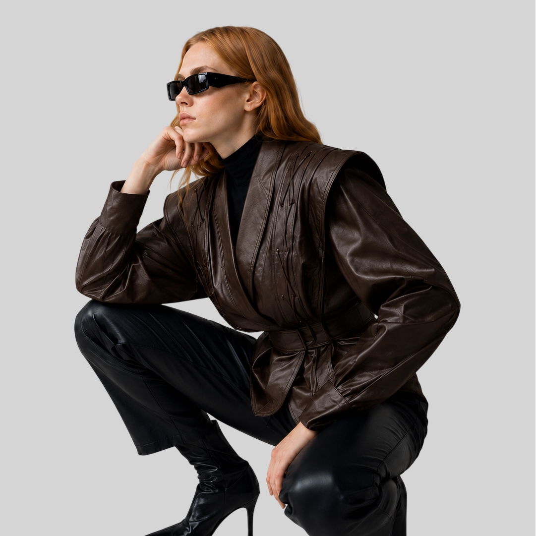 Elegante Damen Kunstlederjacke mit Gürtel und Reverskragen