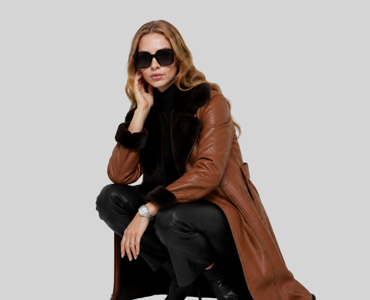 Haute Couture Damenjacke – Kunstleder mit integriertem Pelz