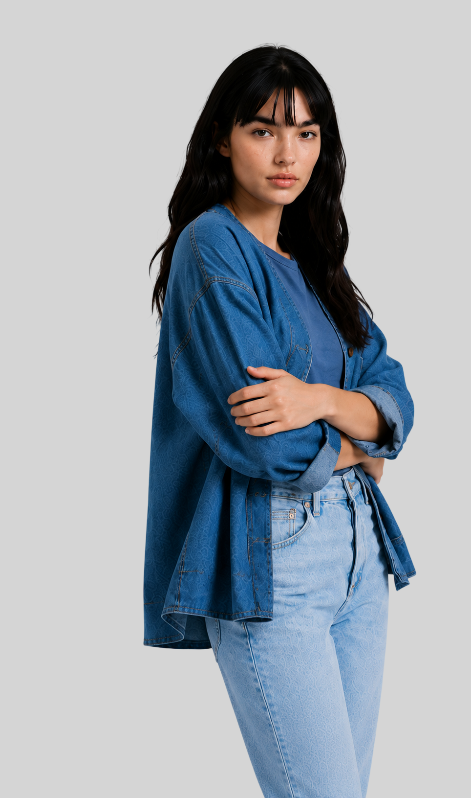 Damen Langarm Jeansbluse – Blaue Hemdbluse mit Kragen und Brusttasche