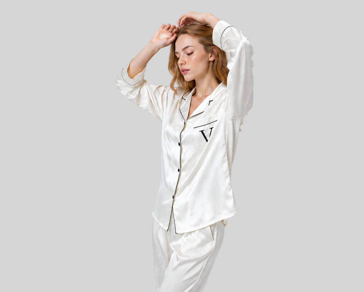 Damen Pyjama Set aus Ice-Silk – Langarm Oberteil & Lange Hose, Weiche Loungewear
