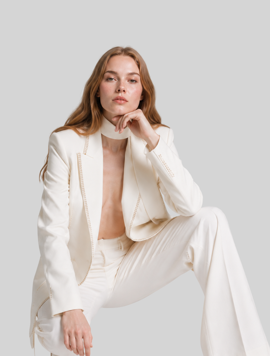 Neuestes Damen-Anzugset 2026 – Blazer mit Perlendetail & Hose, Gürtel, 2-teilig