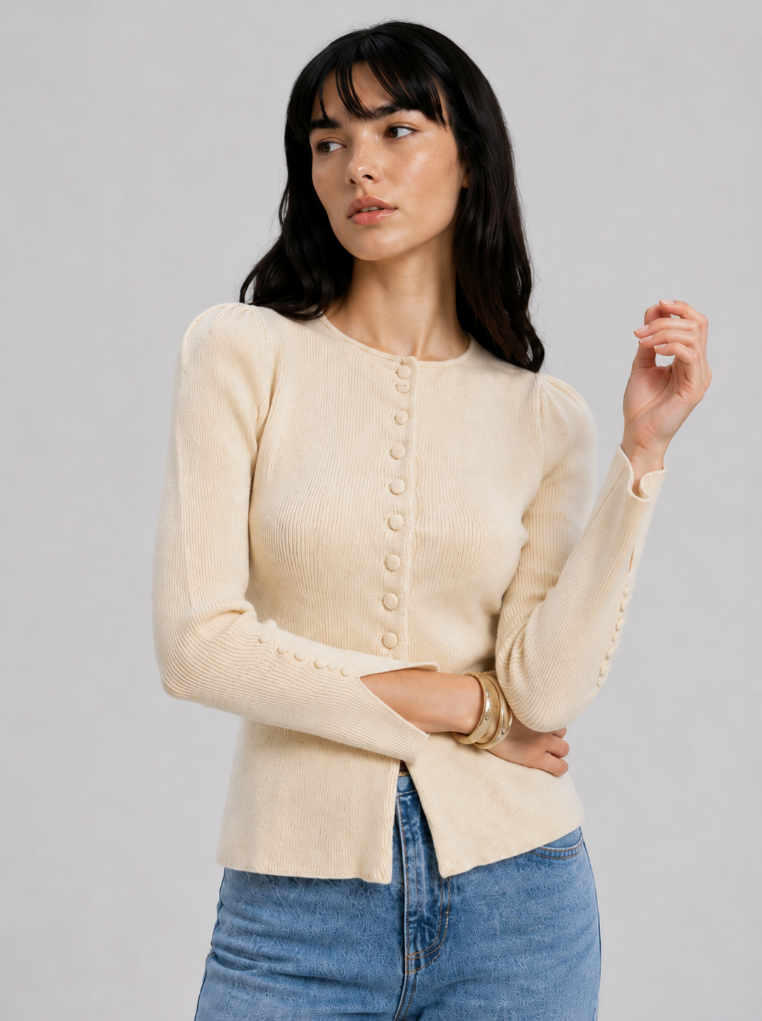 Damen-Strickcardigan mit Polokragen – elegantes Oberteil mit Puffärmeln