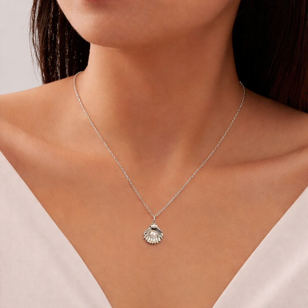 Damen 925 Sterling Silber Muschel Halskette – Süßwasserperlen Anhänger, vergoldet oder platinbeschichtet