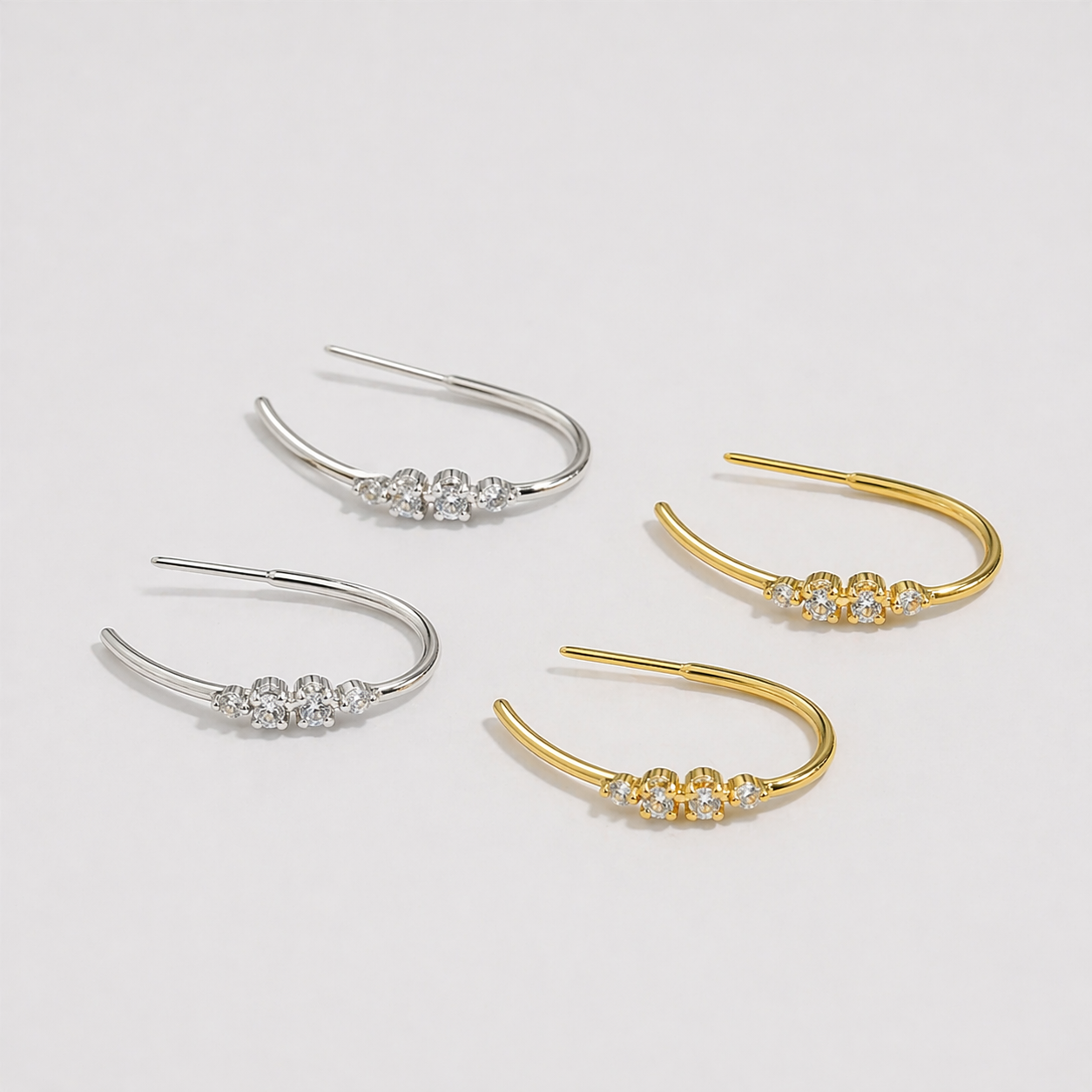 925 Sterling Silber Cuff Ohrring mit Huggie & Kette (Threader) – Zirkonia, Modern & Elegant – Vergoldet oder Platinbeschichtet