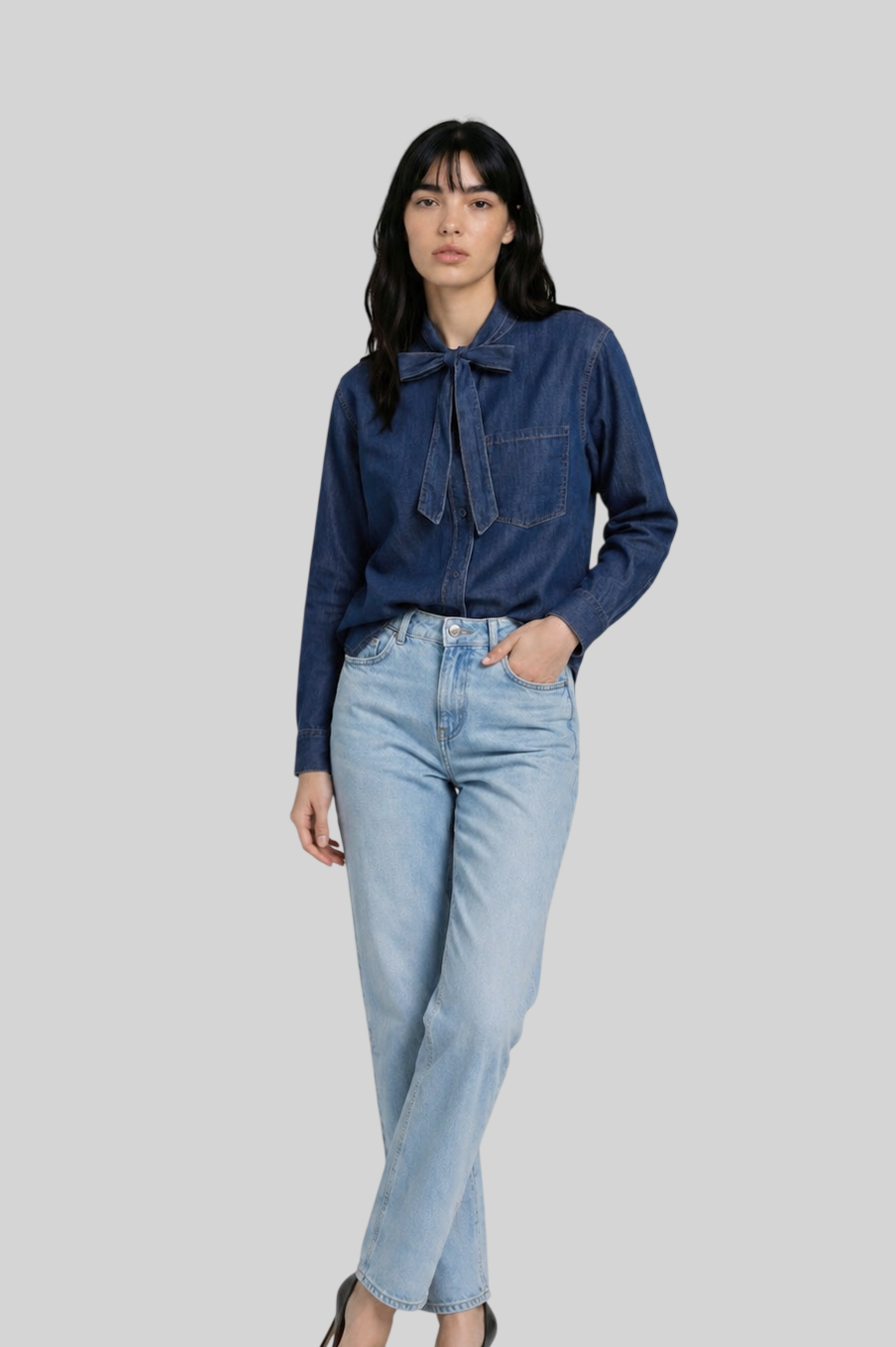 Damen Jeanshemd mit langen Ärmeln – Stilvolle Bluse mit Knopfleiste & Brusttasche