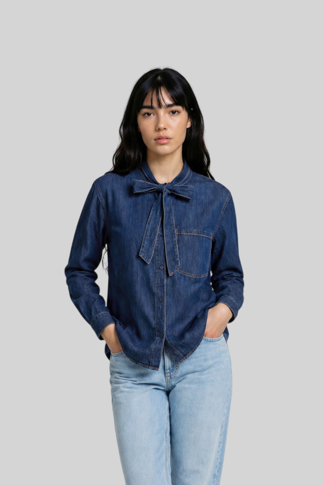 Damen Jeanshemd mit langen Ärmeln – Stilvolle Bluse mit Knopfleiste & Brusttasche