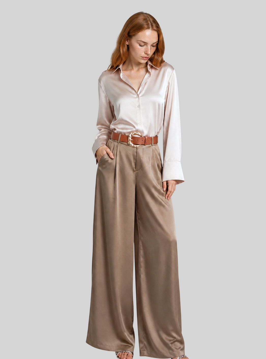 Damen Satin Wide Leg Hose – Elegante High Waist Stoffhose