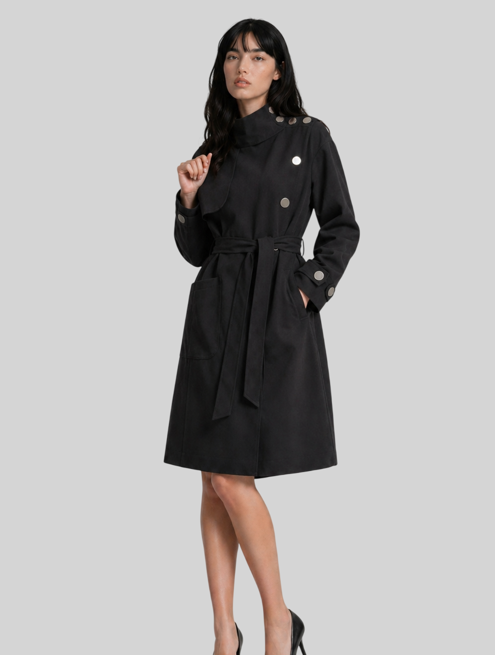 Eleganter Damen Trenchcoat – Langer Mantel mit Stehkragen