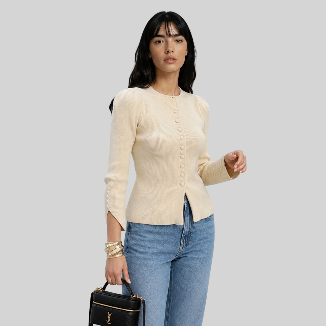 Damen-Strickcardigan mit Polokragen – elegantes Oberteil mit Puffärmeln