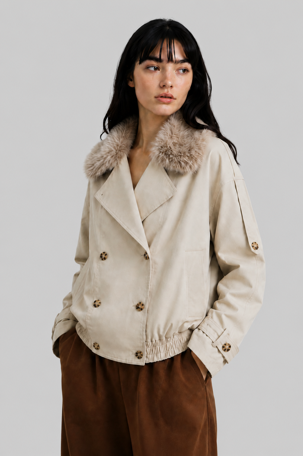 Damenjacke im Trenchcoat-Stil – kurz, zweireihig und stilvoll