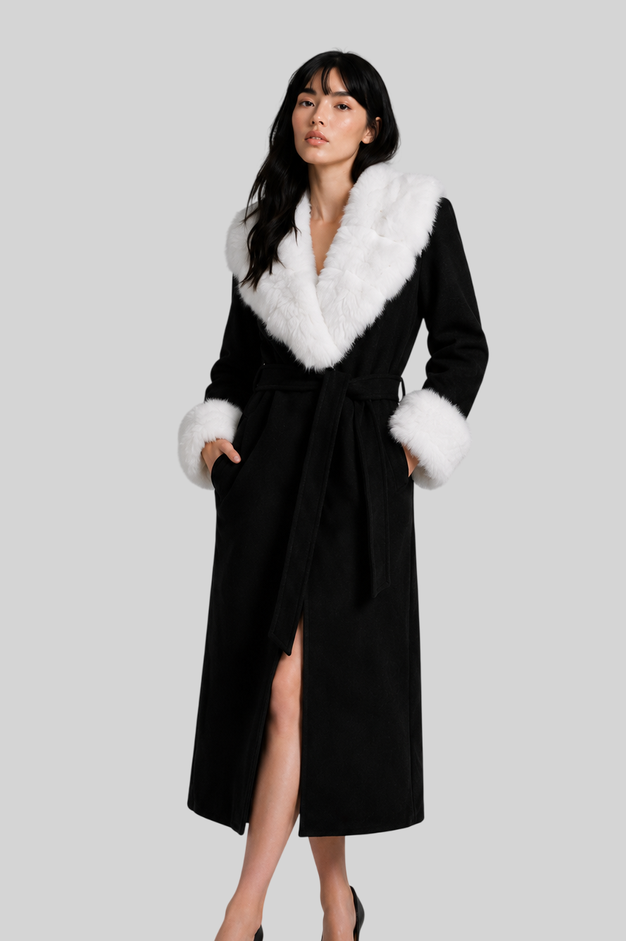 Eleganter Wollmantel mit Echtpelzkragen – Damen Wintermantel aus Wollmischung