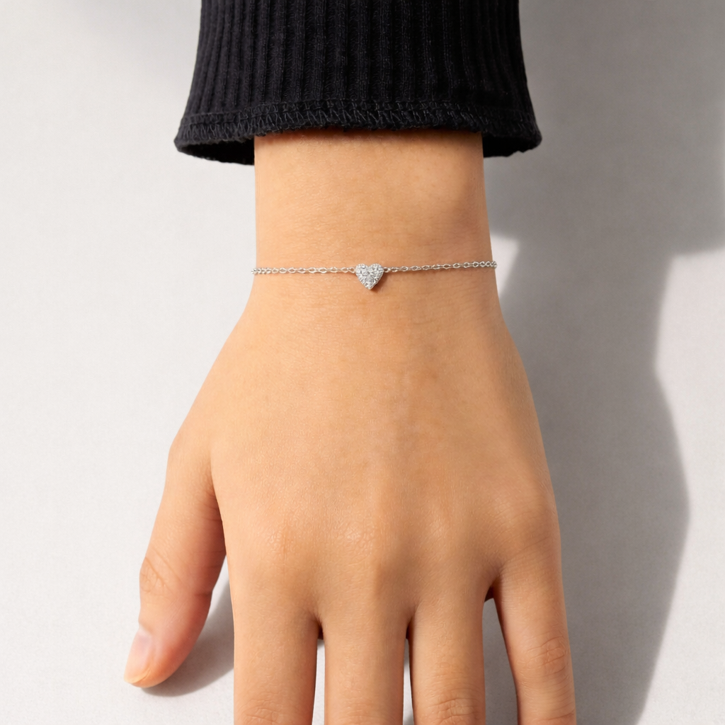 Zartes Damen Armband aus 925 Sterling Silber – Herz Pavé mit Zirkonia, vergoldet oder platinbeschichtet