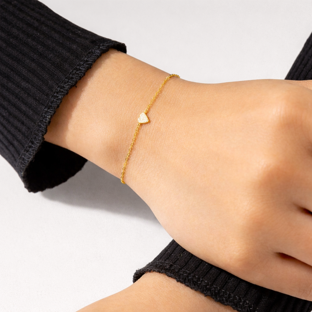 Zartes Damen Armband aus 925 Sterling Silber – Herz Pavé mit Zirkonia, vergoldet oder platinbeschichtet