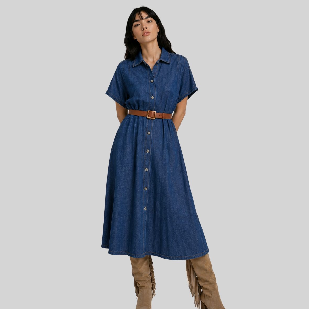 Drapiertes Damen-Jeanskleid – Midikleid mit Gürtel und Knopfleiste