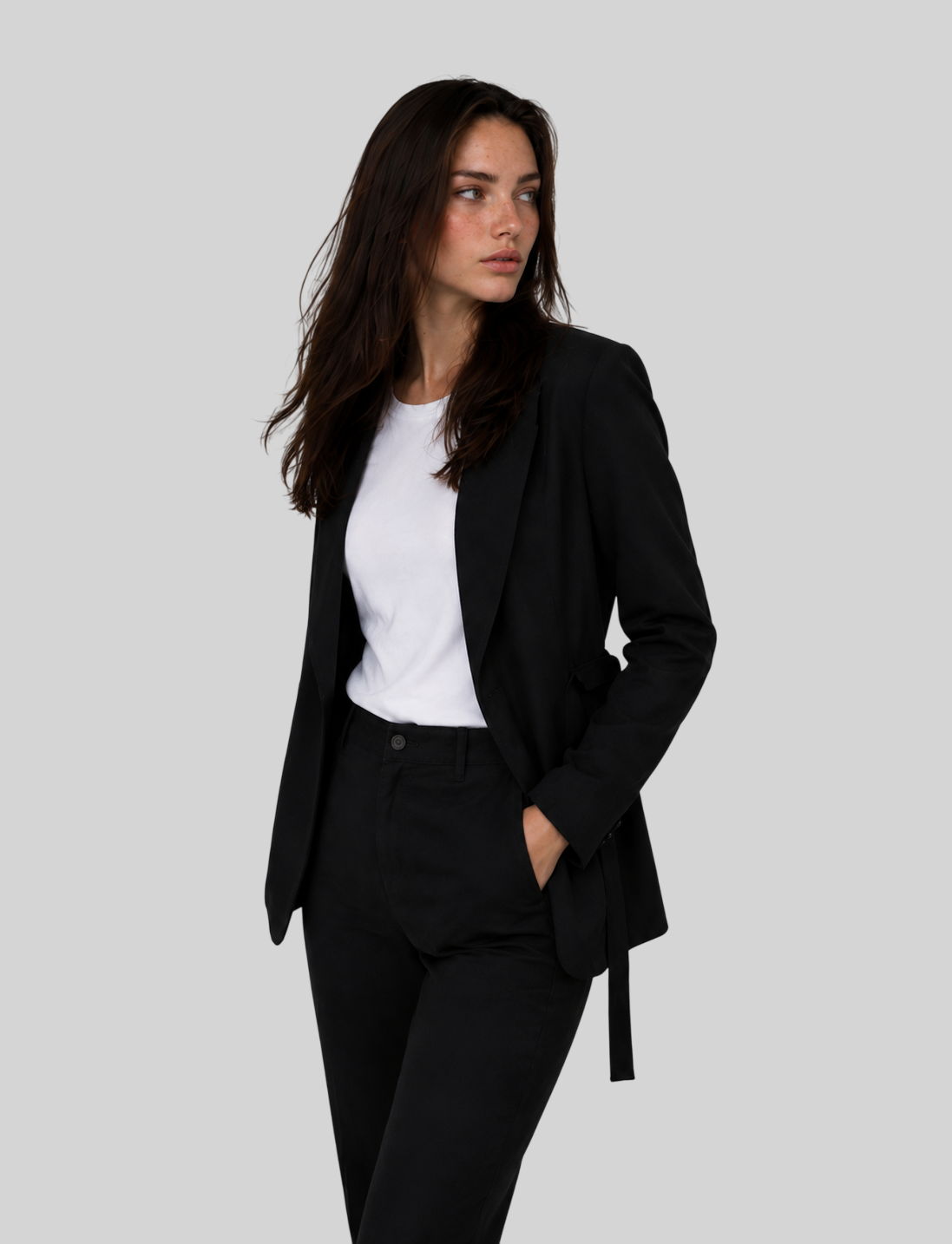 Minimalistischer Damen Blazer mit Gürtel – V-Ausschnitt